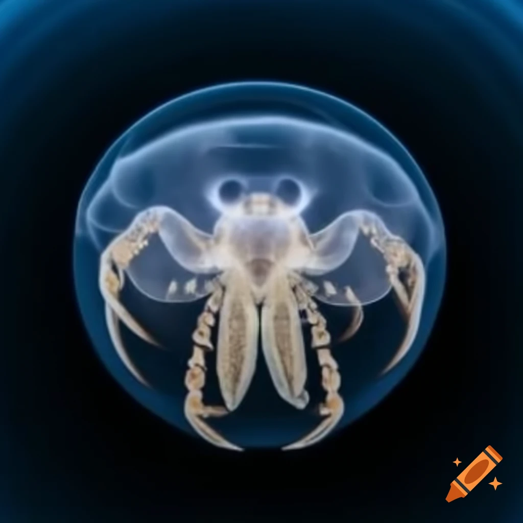 Handsome jellyfish-crab hybrid with dark compound eyes and shimmering filaments