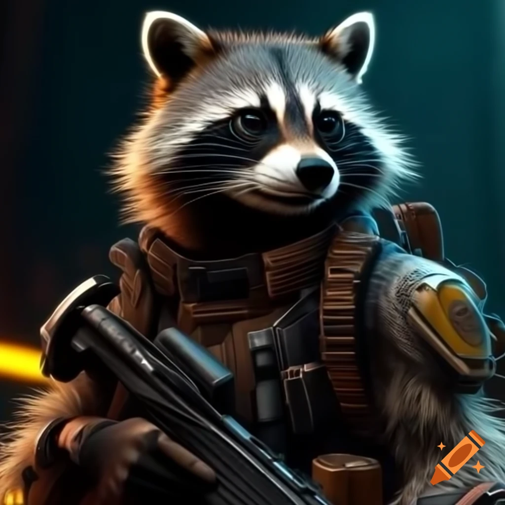Comic book style raccoon transforming into cyberpunk version with accessories in futuristic Tokyo