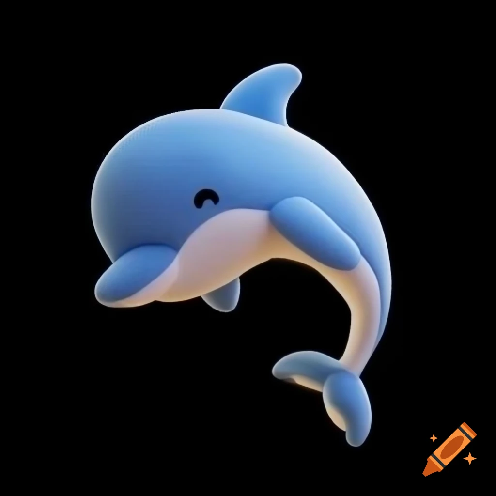 Cute friendly dolphin plush in 3D anime style on black background