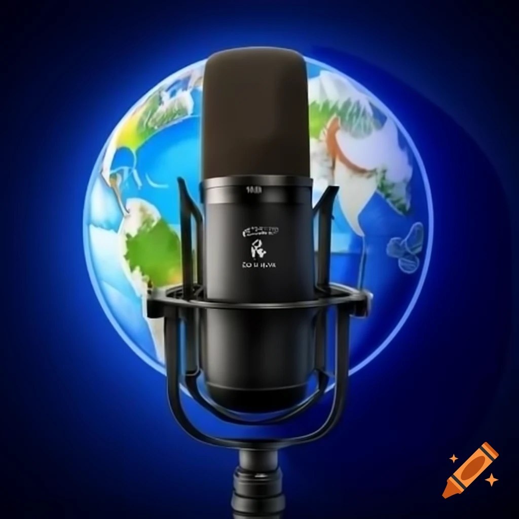 Podcast microphone with world map background
