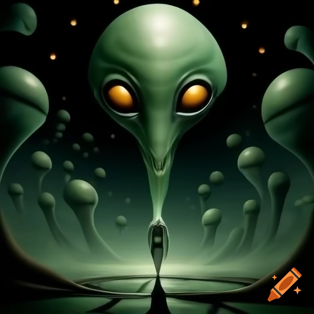 Realistic depiction of an alien in beam of light from UFO, slender body and large black eyes