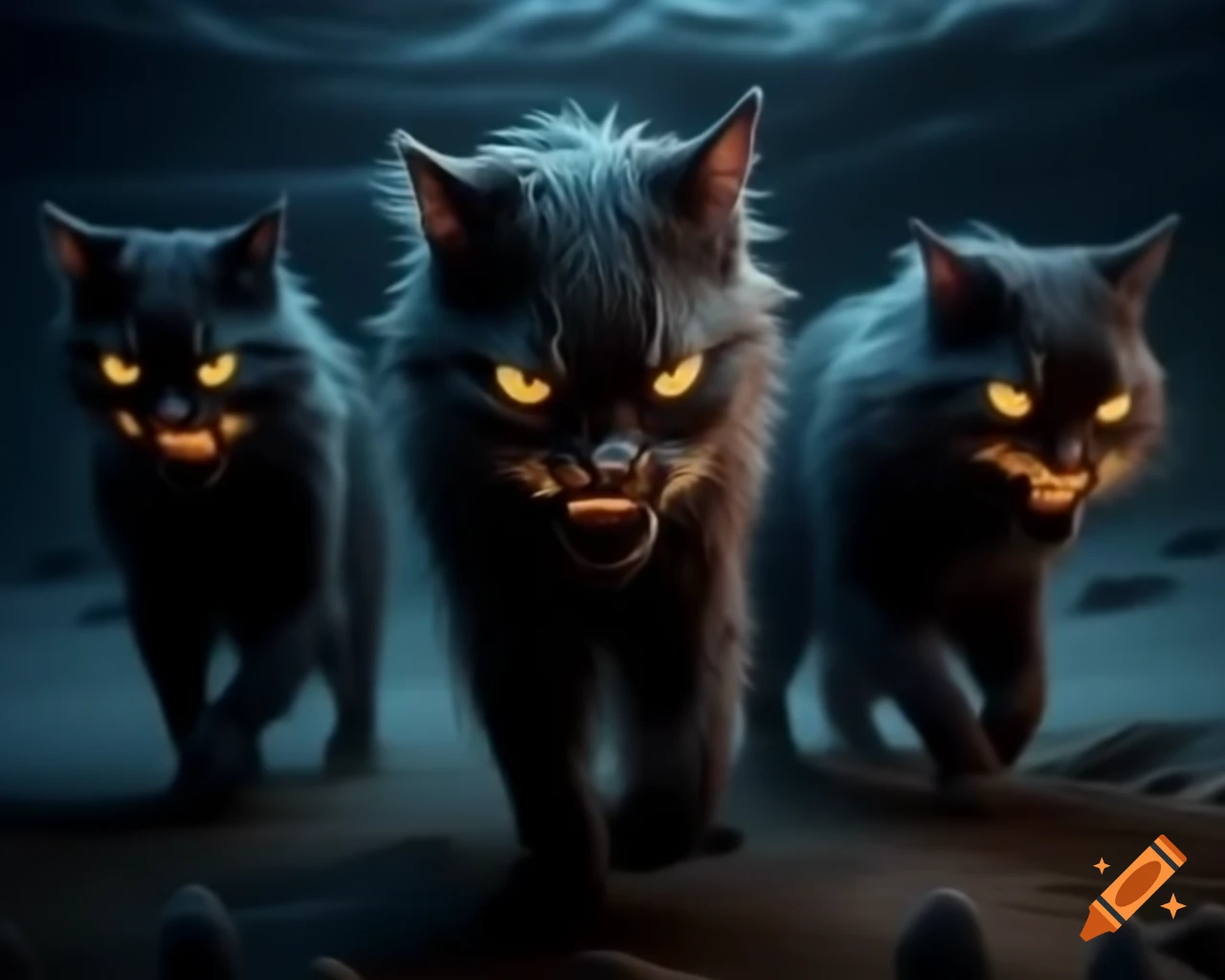 Beach populated by black cats with glowing eyes