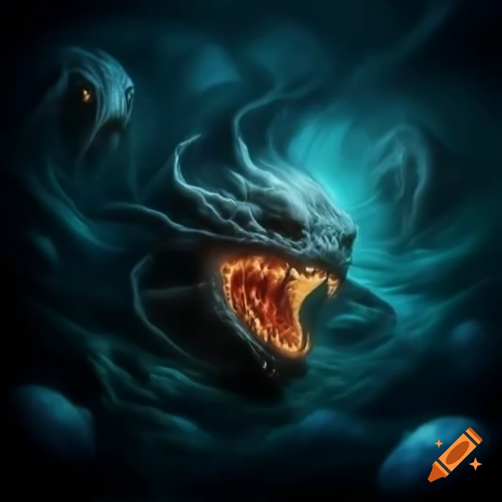 Lovecraftian horror illuminated by bioluminescent body parts beneath the deep sea