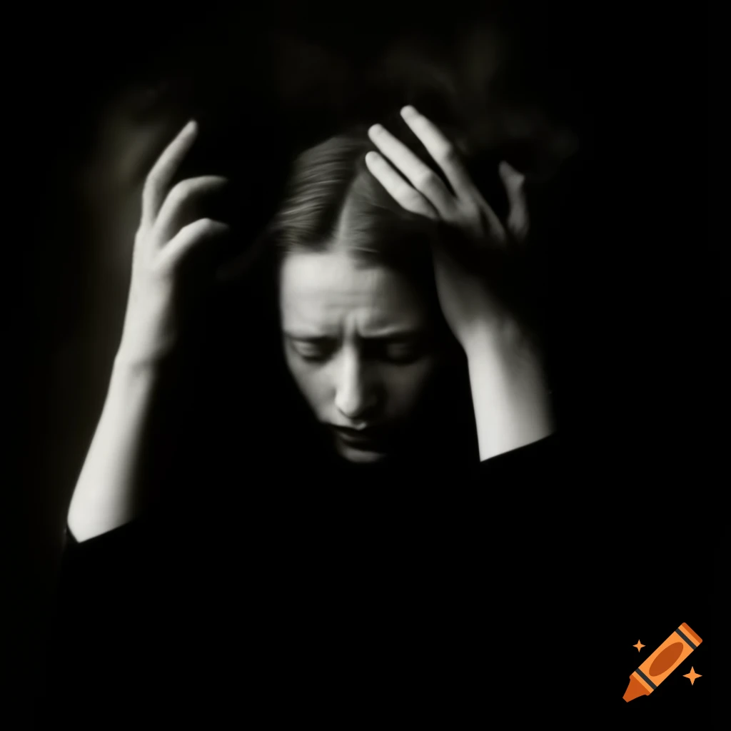 Woman in dramatic pose with painful expression, old photography style