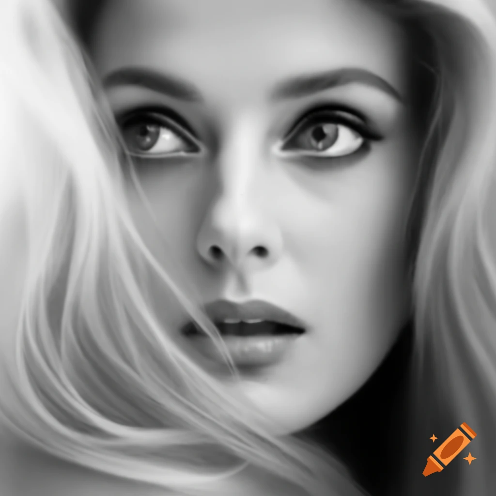Hyper-realistic black and white portrait of a European actress from 1963