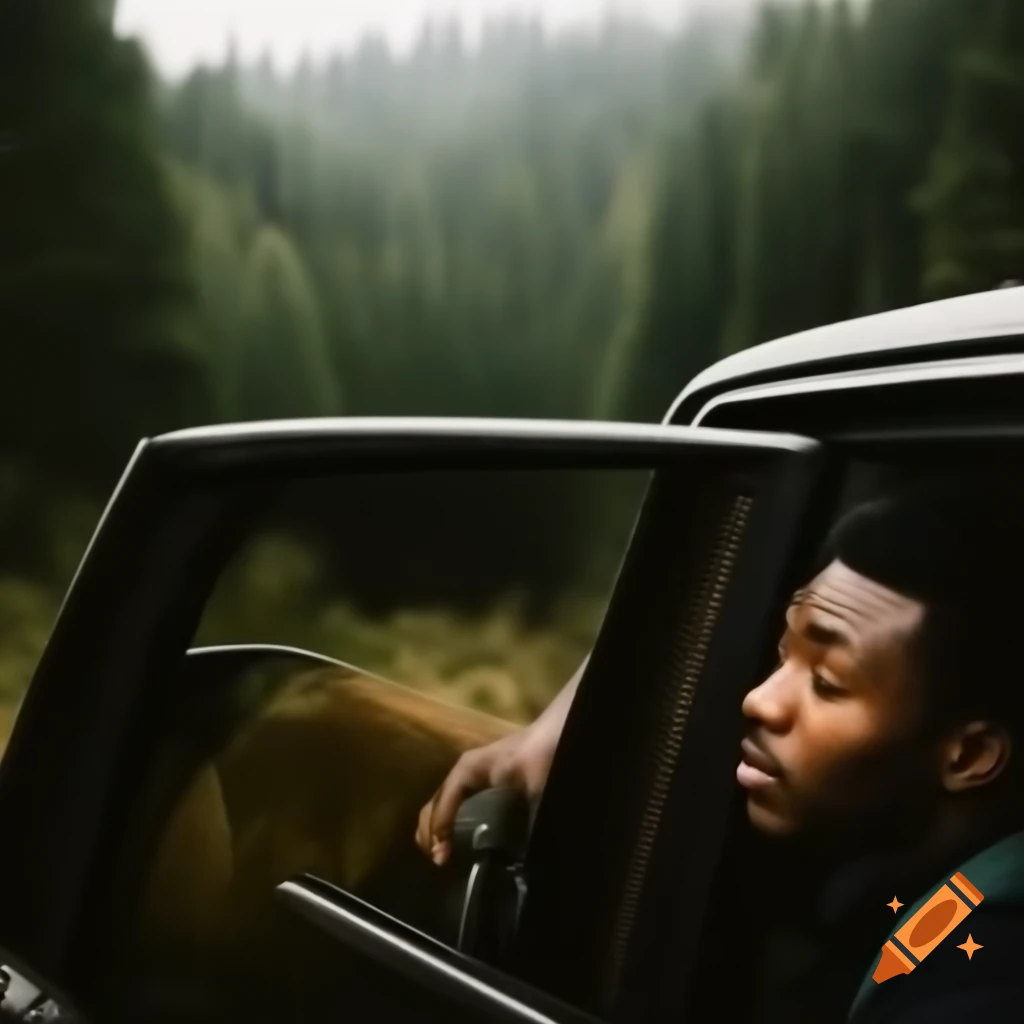 African soldier observing thick forest from car