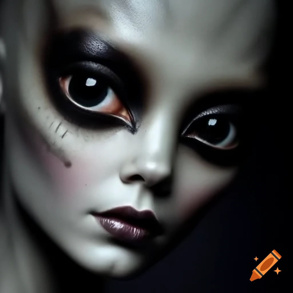 Hyper-realistic portrait of a beautiful 1954 classic alien female with grey skin and black eyes