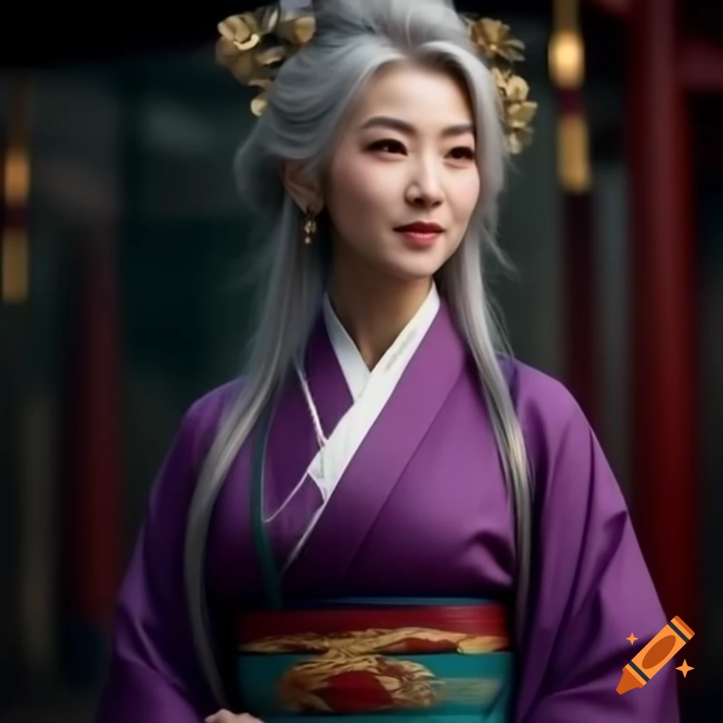 Asian woman in purple kimono with silver hair, smiling elegantly