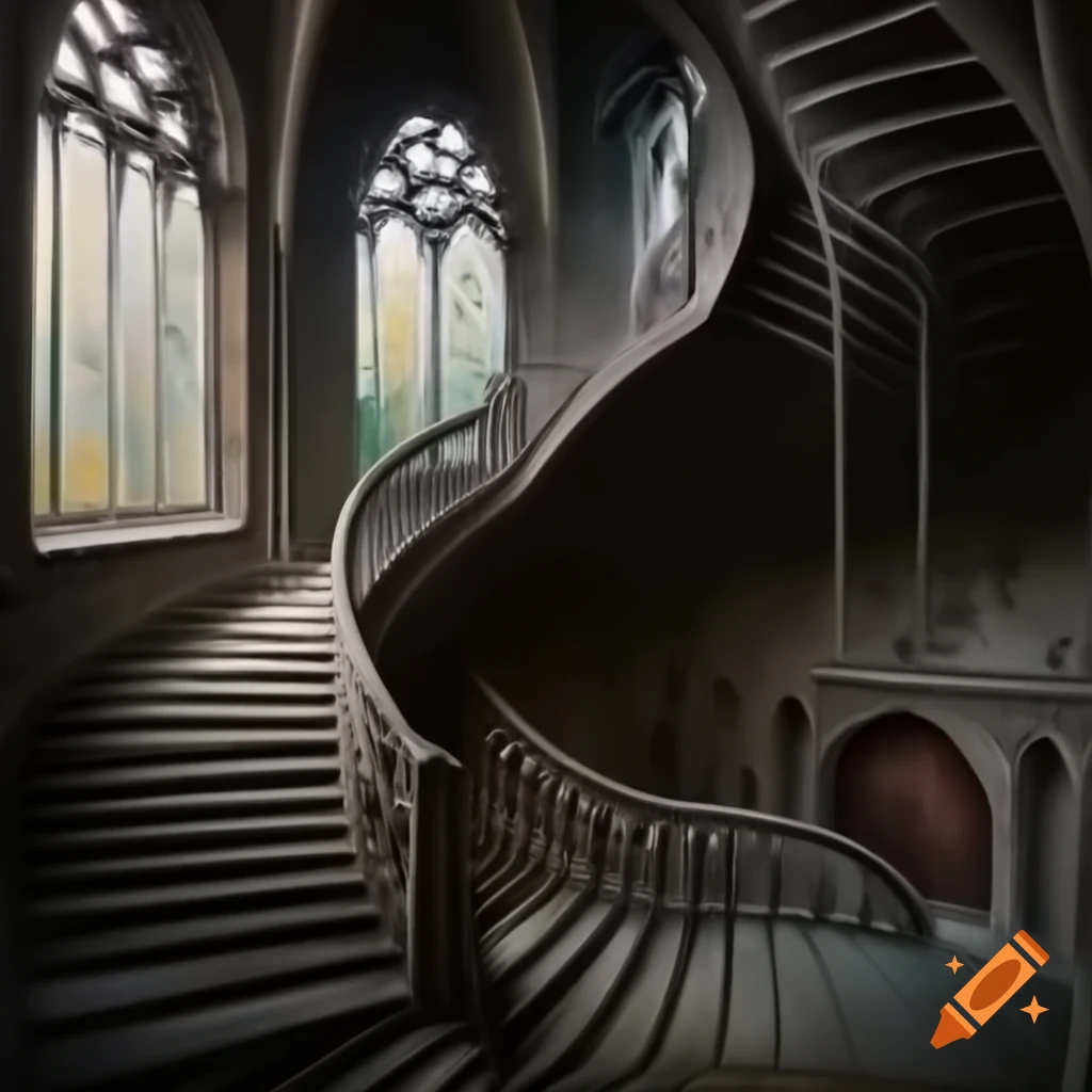 Topdown impressionist view of gothic spiral staircase forming an infinity maze