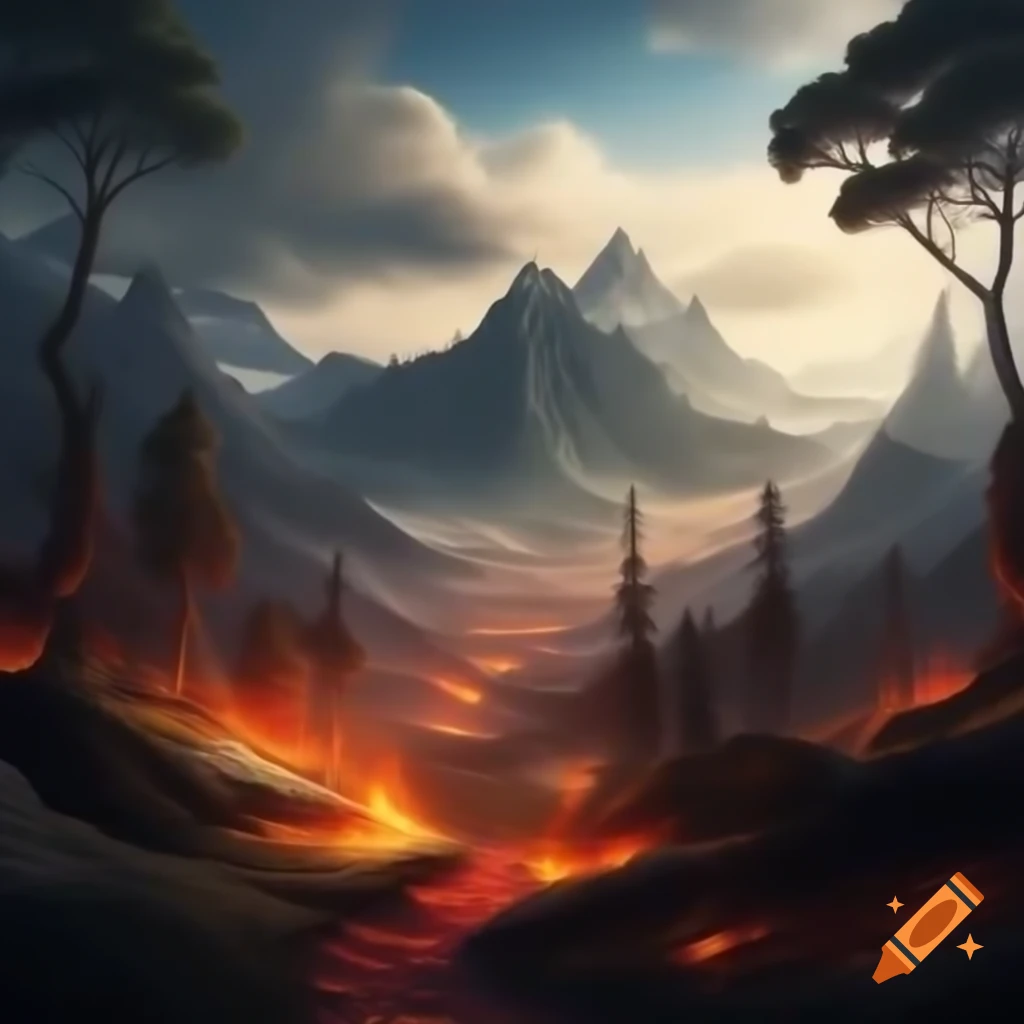 Realistic fantasy landscape with mountains, trees, and a path of burning cinders and lava