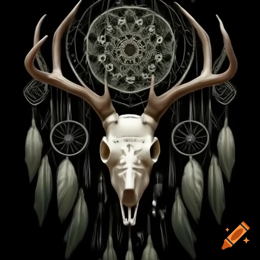 Bas relief style deer skull with dreamcatcher in background