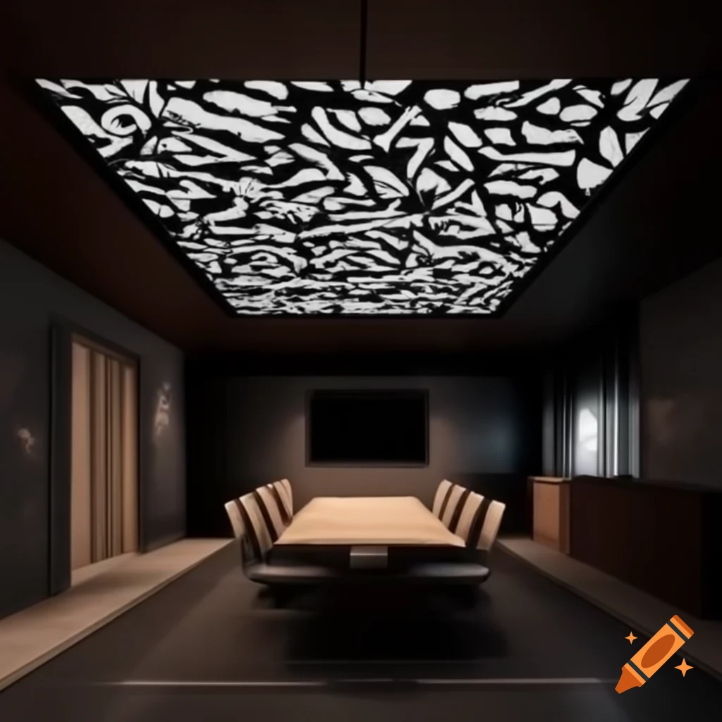 Rectangular meeting room layout with wooden table for 16 and black designer chairs