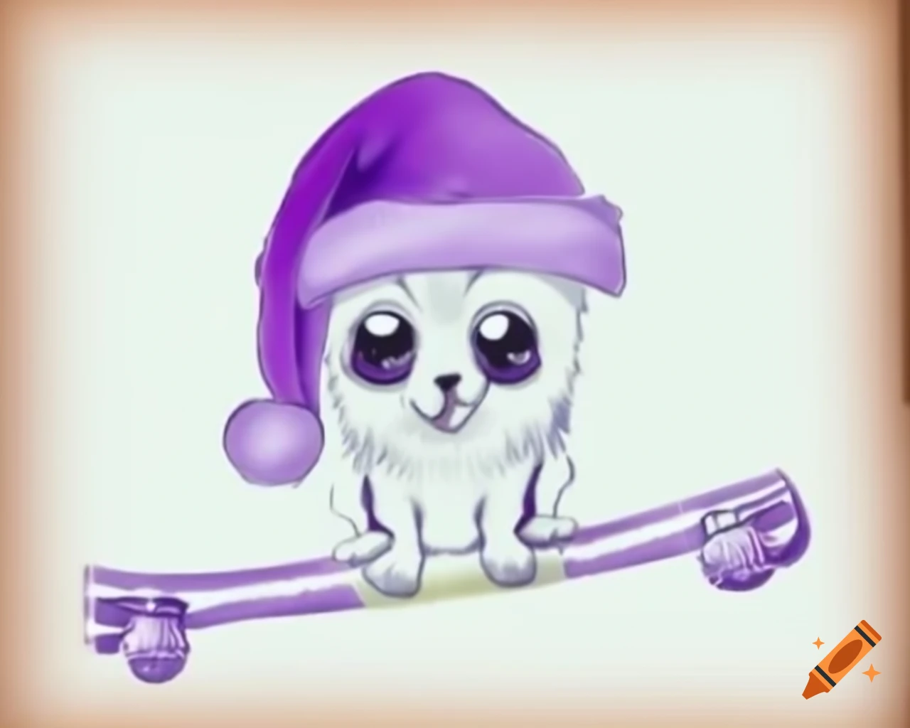 Mischievous puppy in purple Christmas hat by wrapped gift in watercolor storybook style