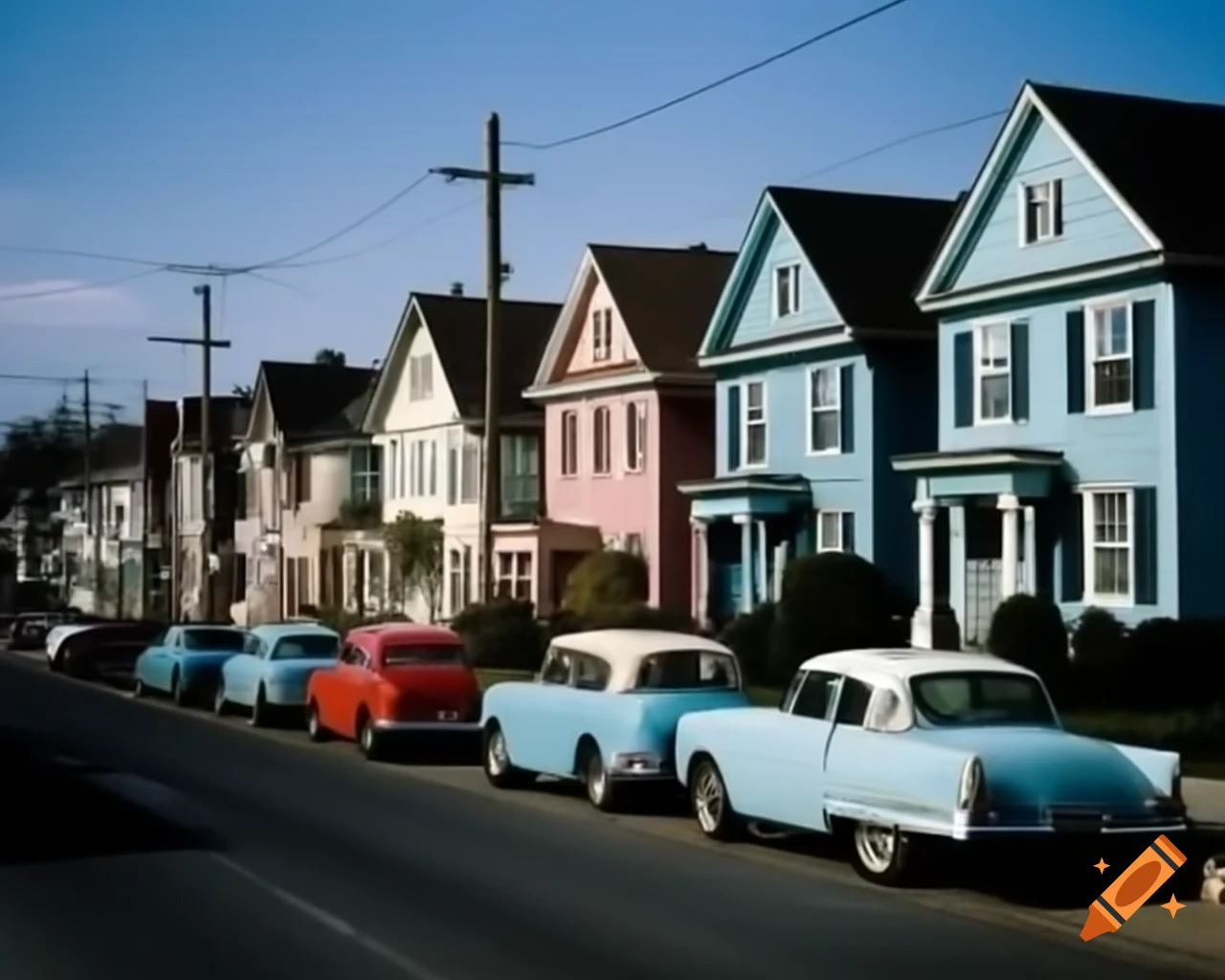 Pastel blue houses and vintage cars on nostalgic 90s street