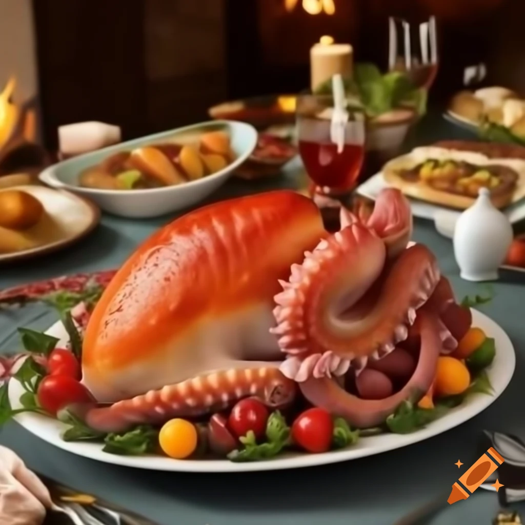 Realistic octopus and Thanksgiving turkey served for dinner