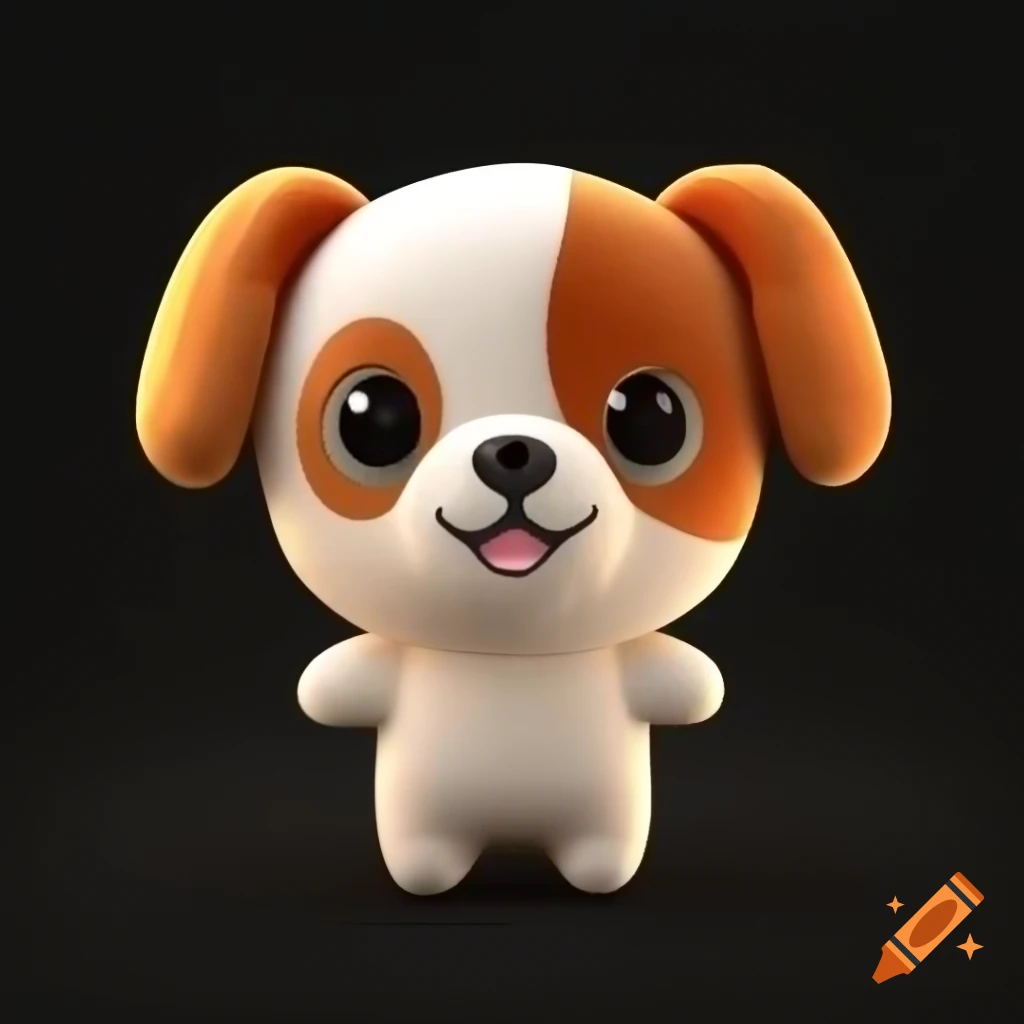 Cute friendly dog plush in 3D anime style on black background