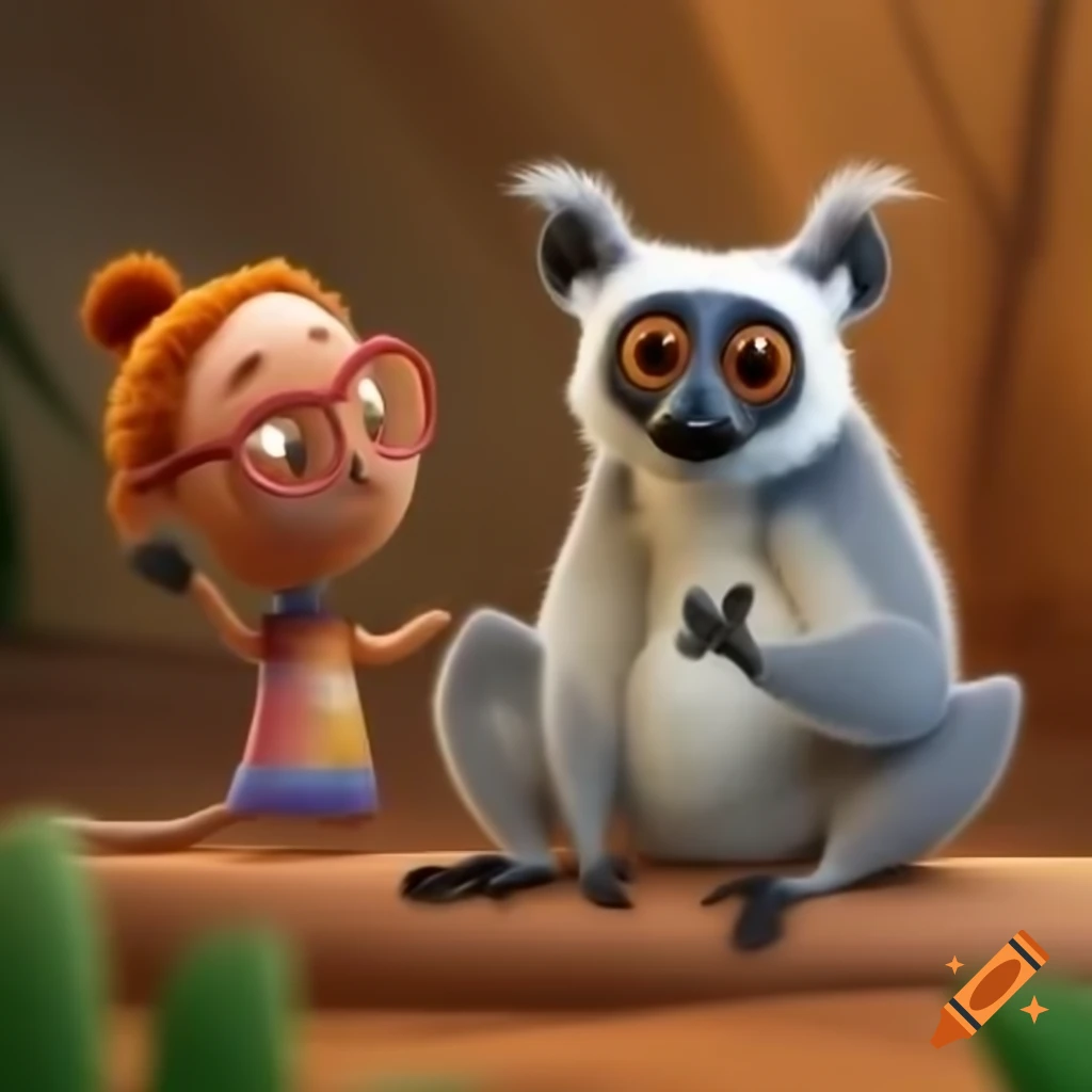 Cartoon lemur in nursing home in Madagascar, Pixar style