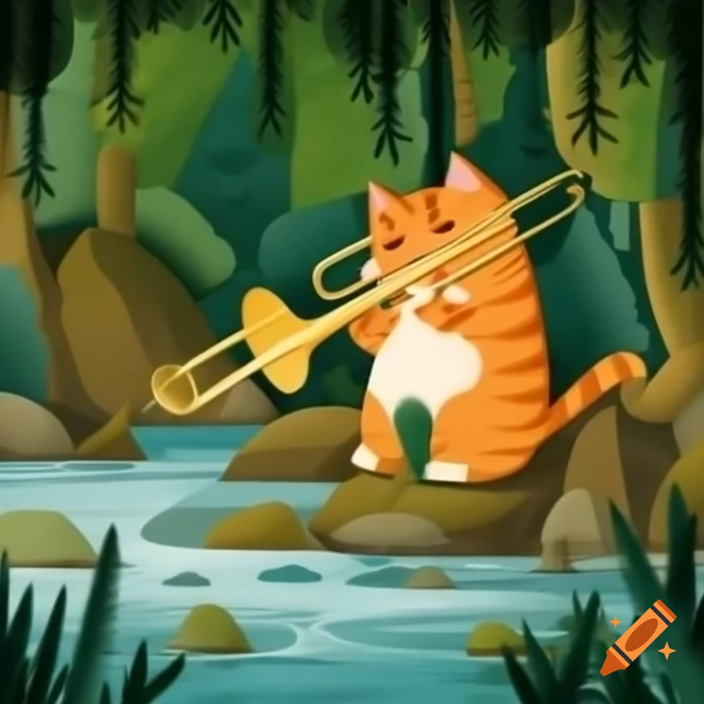 Cat playing trombone in forest near river