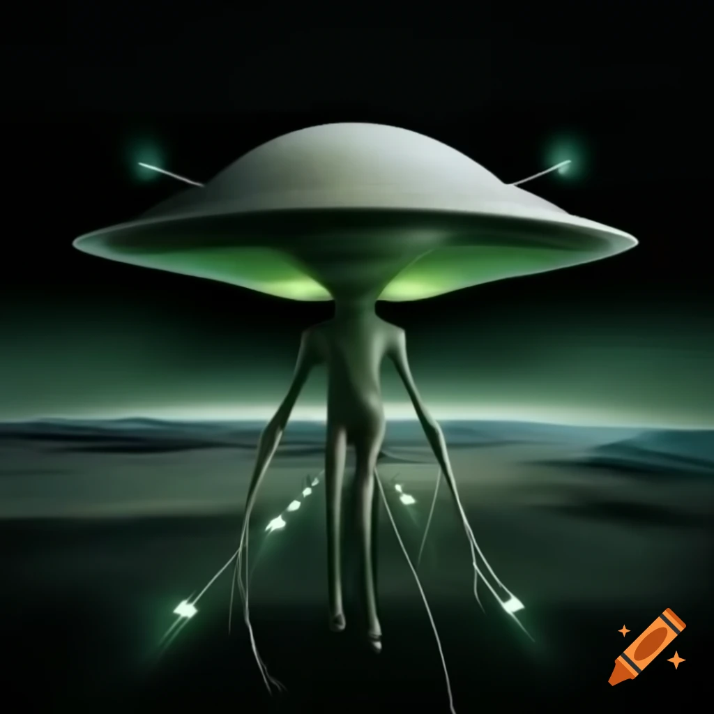 Realistic depiction of an alien in beam of light from UFO, slender body and large black eyes