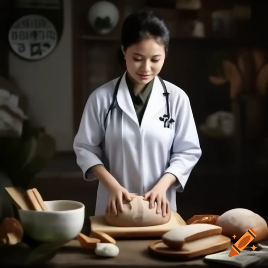 Young female Vietnamese doctor baking bread