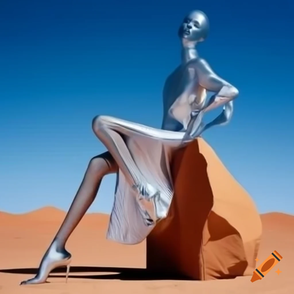 Pop surreal photography of silver statue woman in stone desert