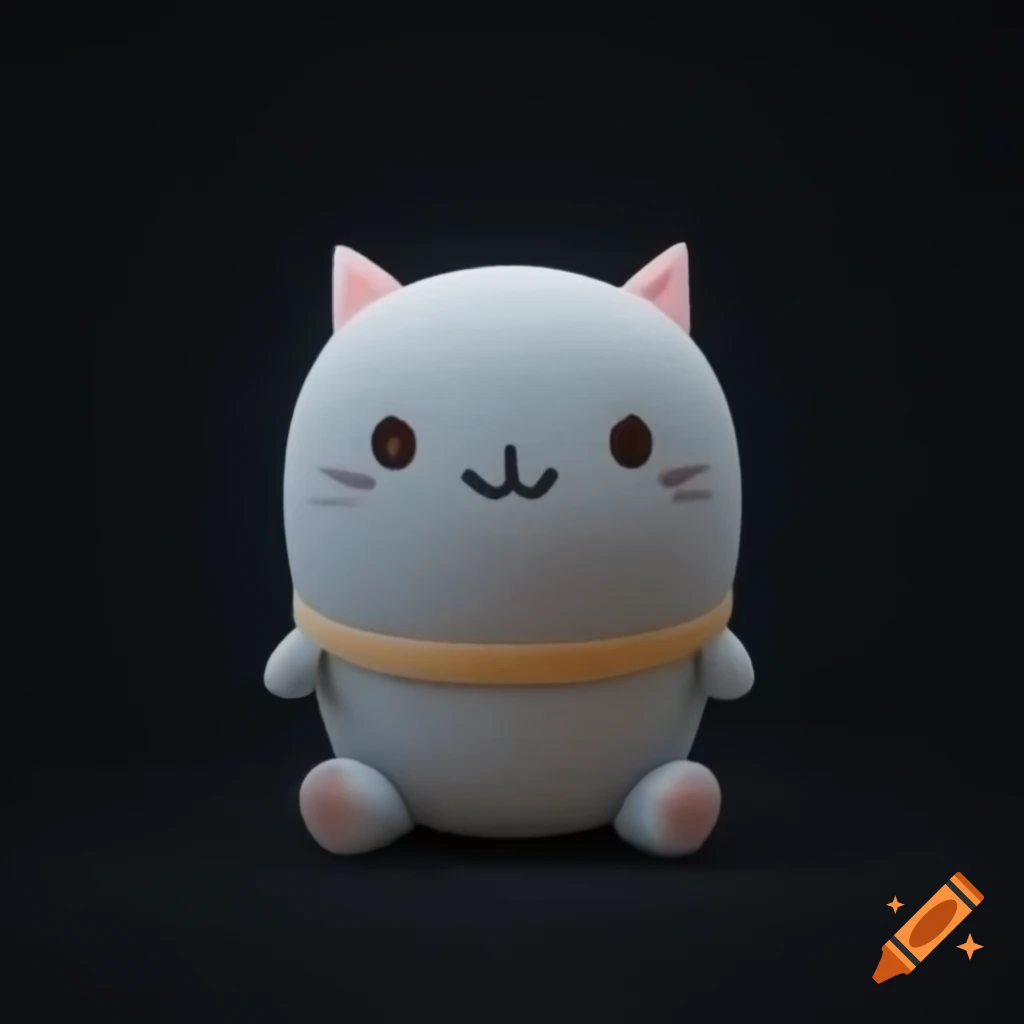 Cute grey cat plush in 3D anime style on black background