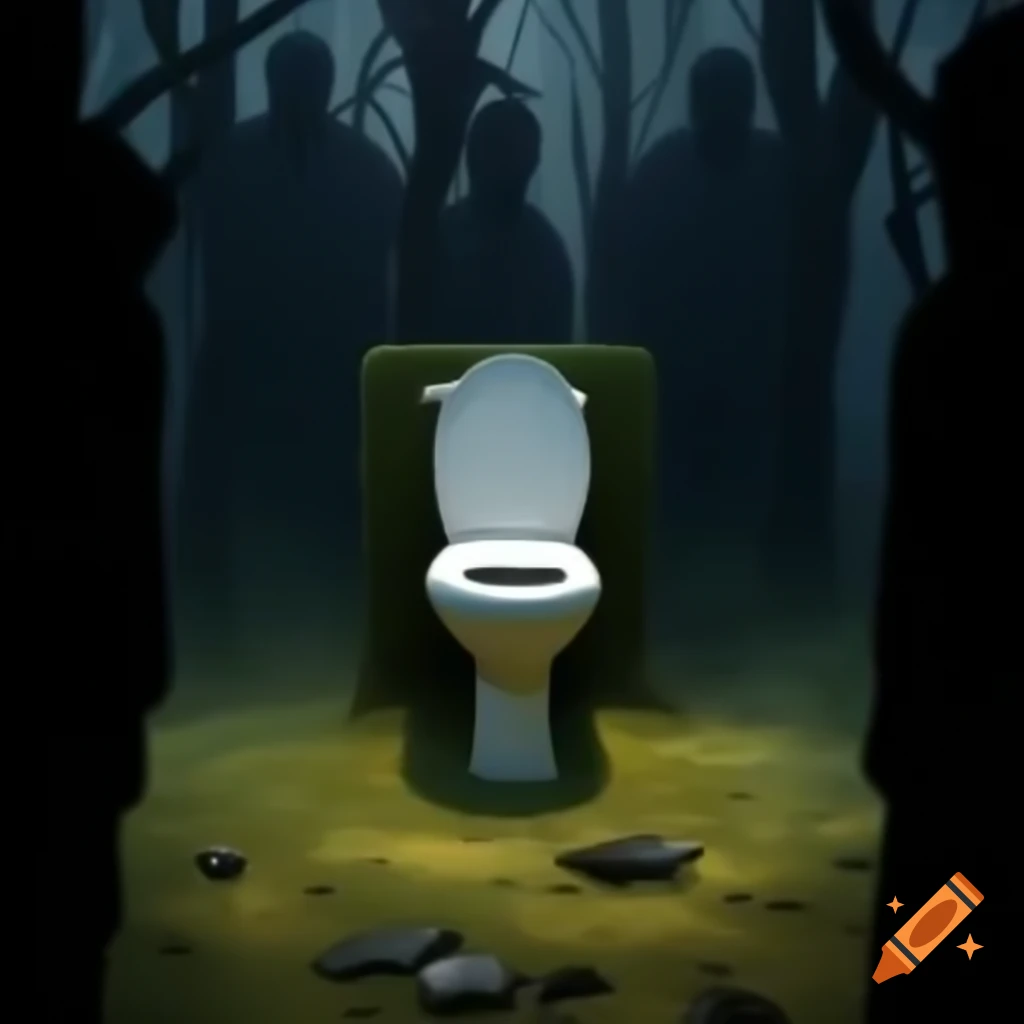 Mysterious toilet in dark woods with shadowy figures in the background