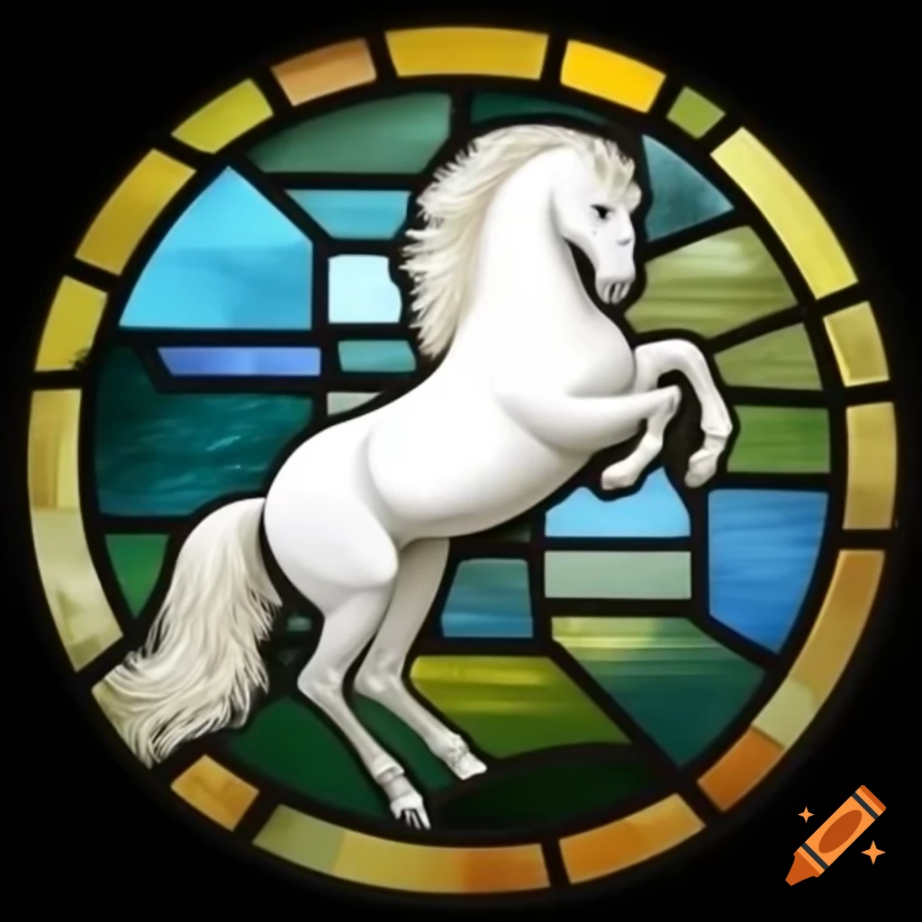 Stained glass mosaic of a white horse