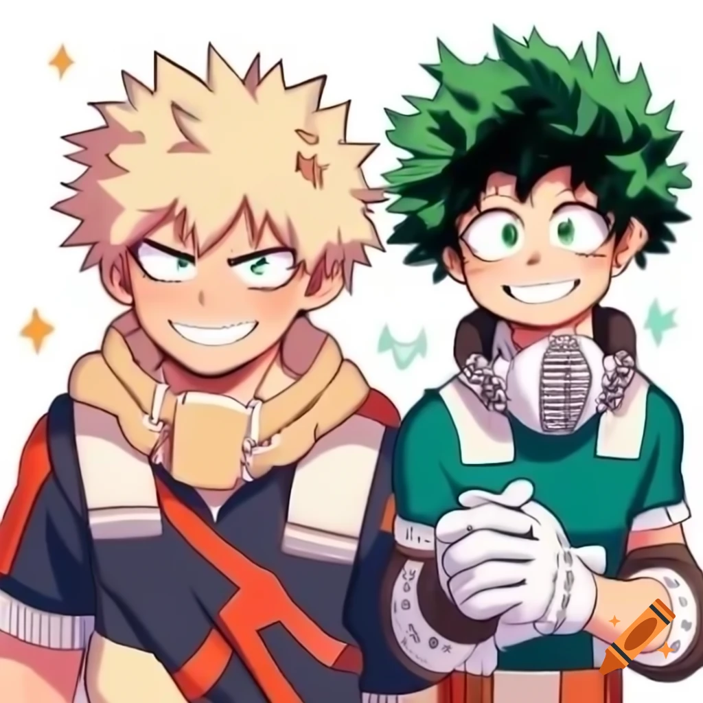 Bakugo and Deku in their hero outfits from My Hero Academia
