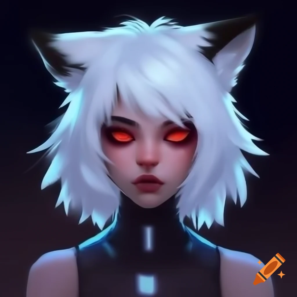 Cyberpunk netrunner girl with white hair, wolf ears, and red eyes