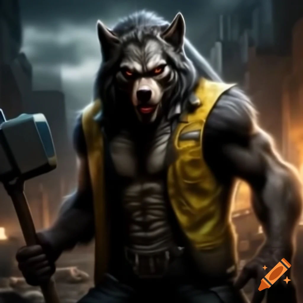 Werewolf in high visibility vest holding sledgehammer in dystopian city ruins