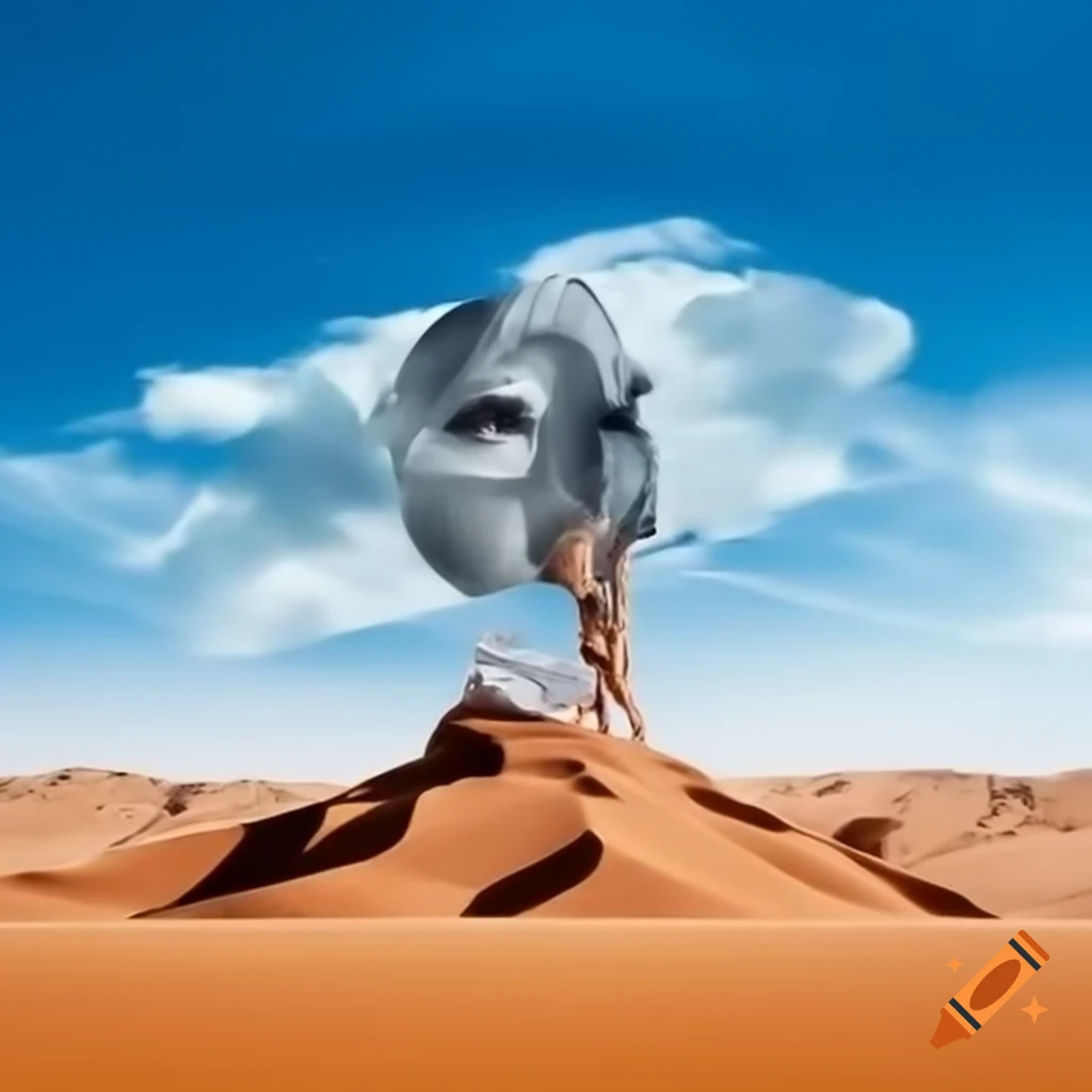 Surreal 2000s photography featuring silver statue of a woman in desert with cloudy sky