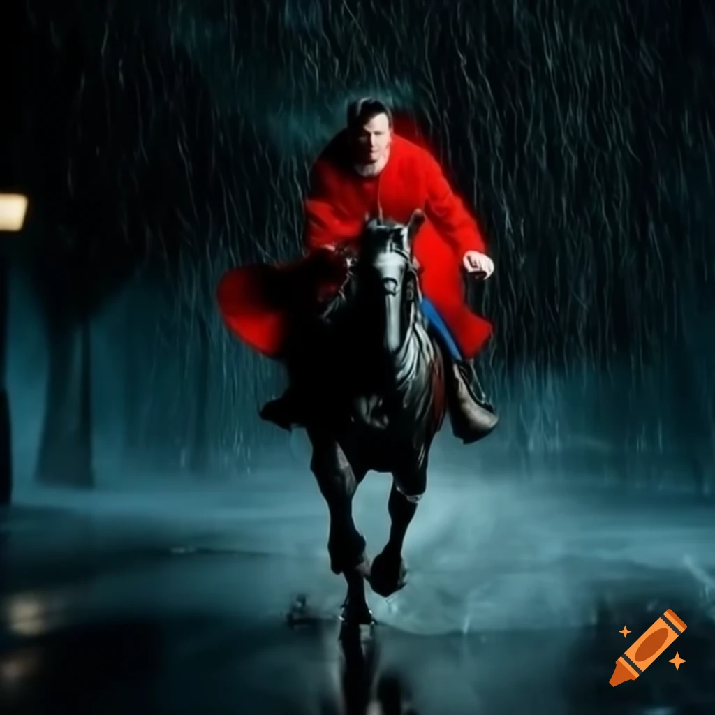 Man in red coat riding horse in heavy rain holding lantern at night on  Craiyon