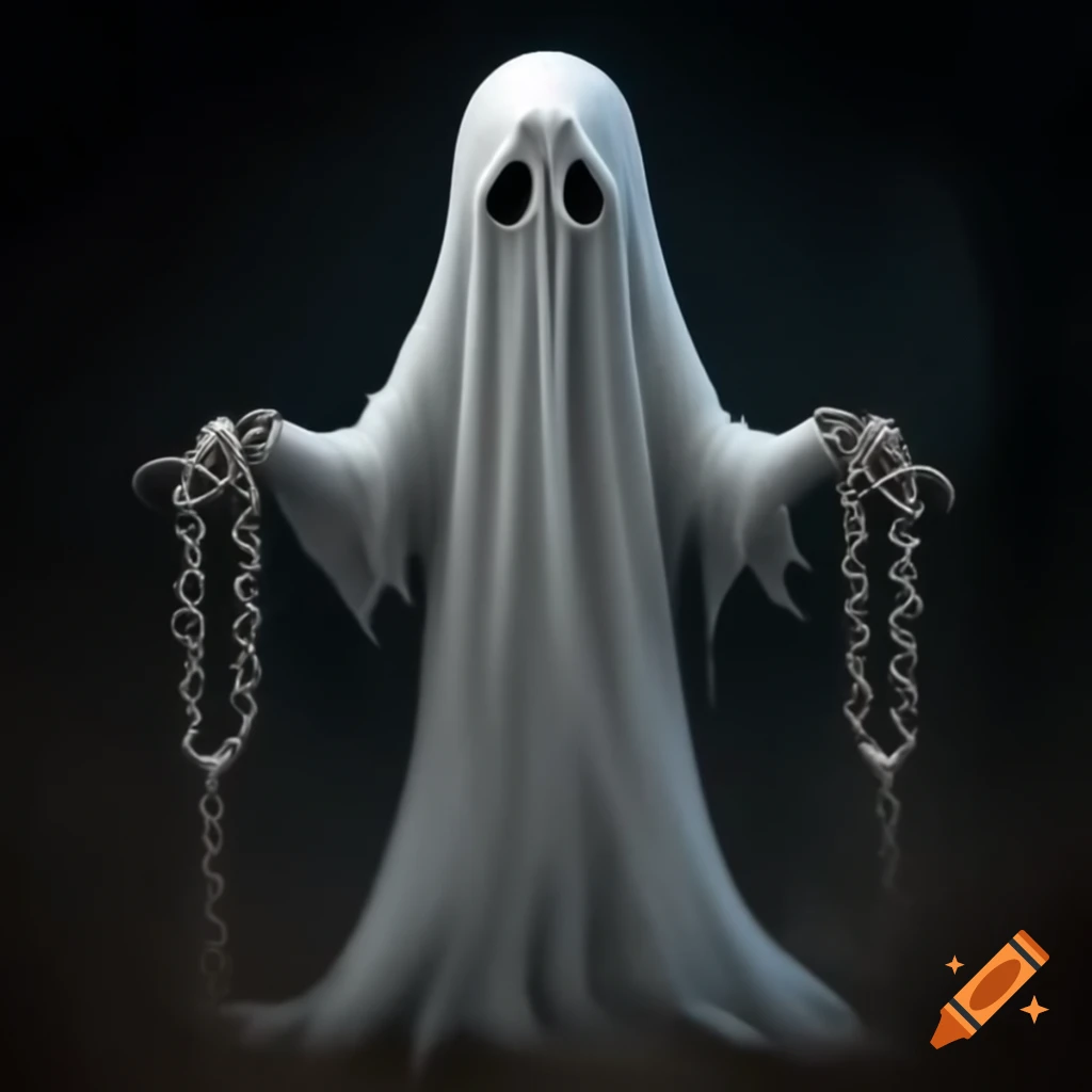 Halloween ghost adorned with iron chains on arms and legs