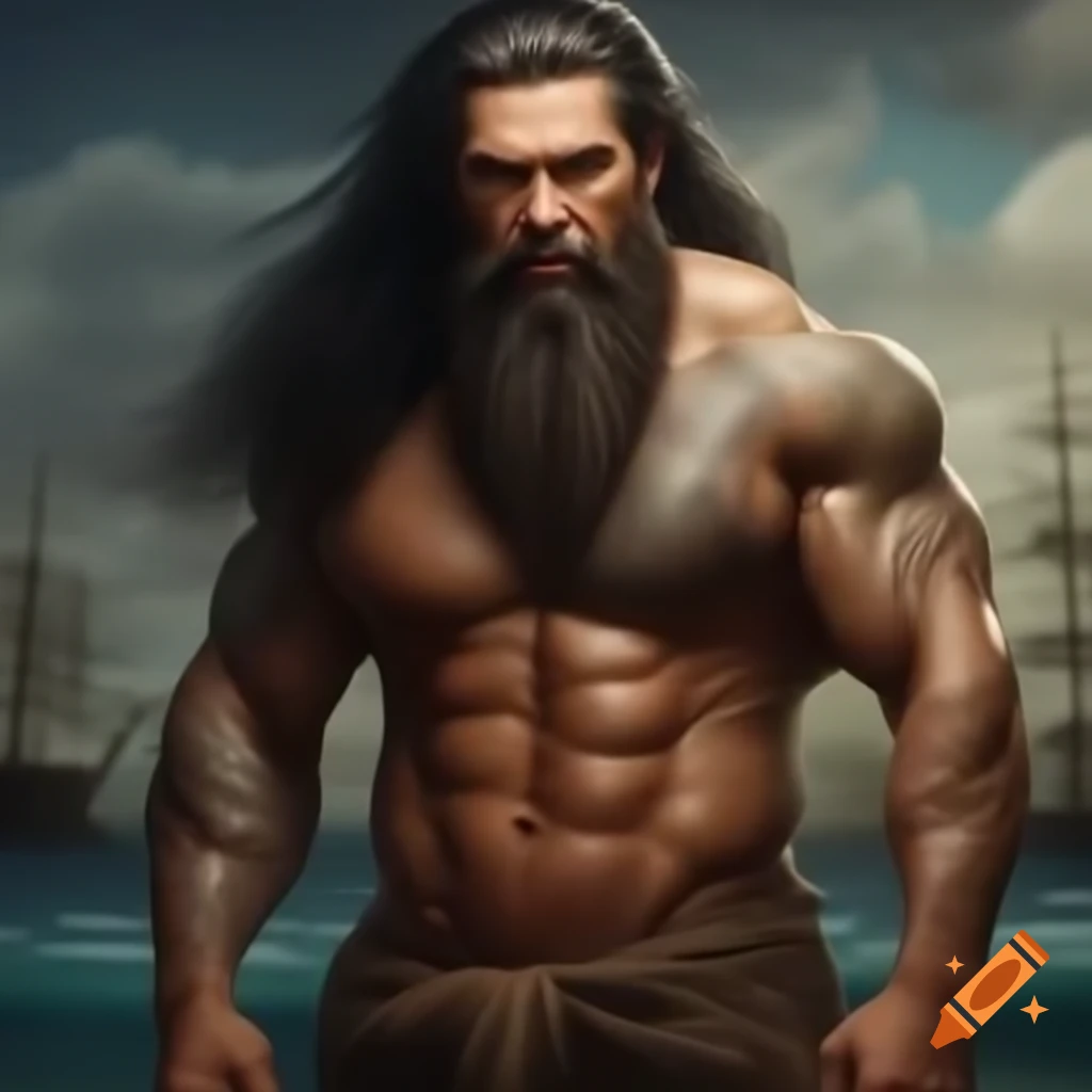 Muscular Hawaiian man with tattoos and long hair against 19th century maritime background