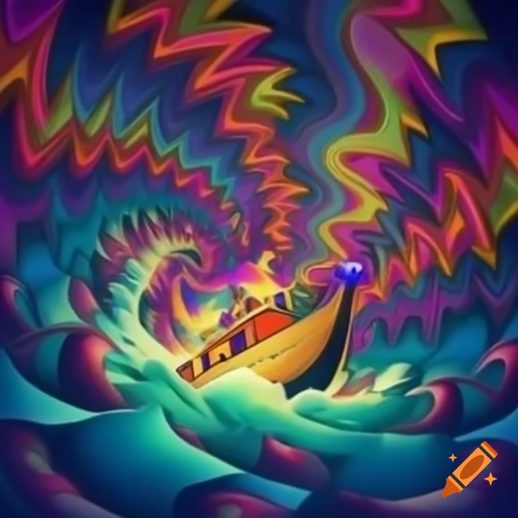 Psychedelic kaleidoscope colors on swirling boat in imaginative Noah's Ark