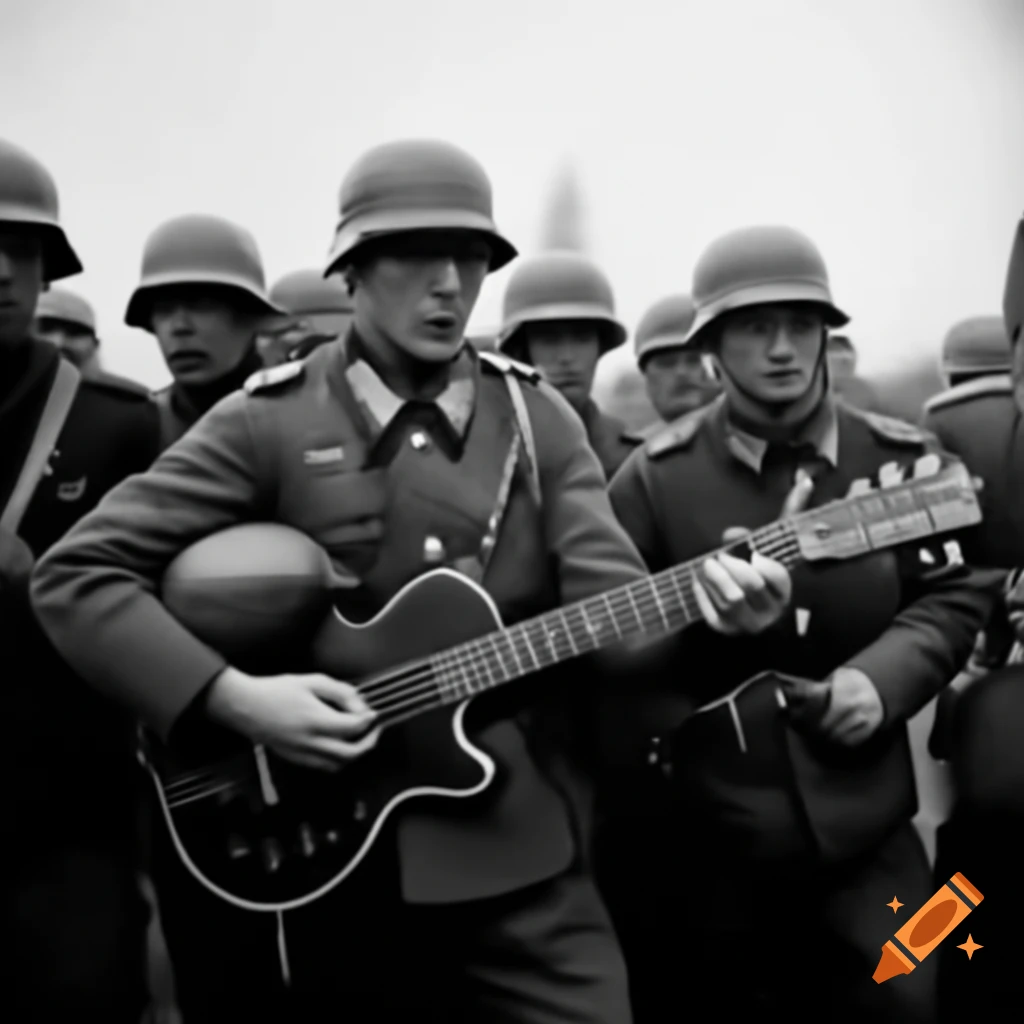 German officers in helmets playing guitar in rock performance during WWII