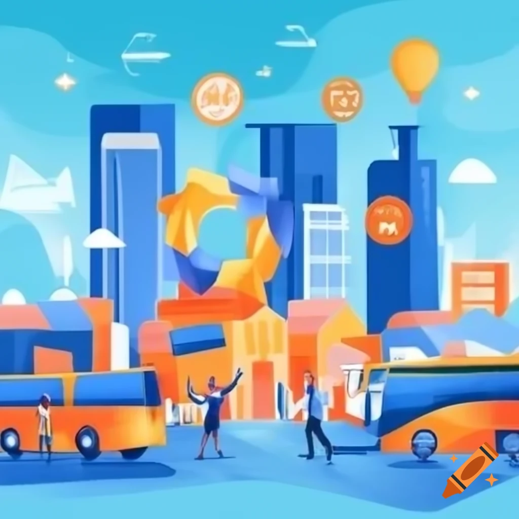 Vibrant graphic for corporate anniversary celebration featuring modern cityscape and buses