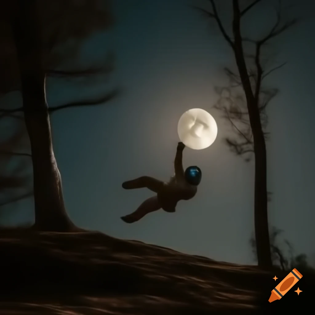 Astronaut leaping towards full moon from top of tall oak tree