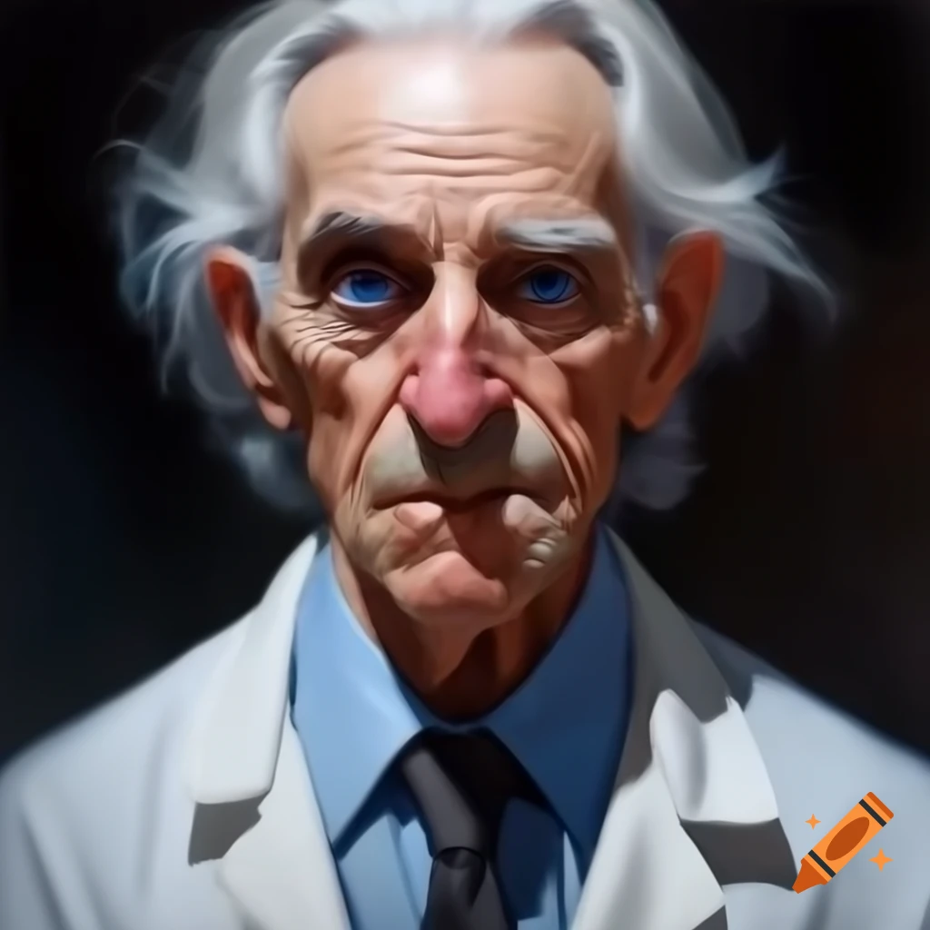 Concept art portrait of middle-aged scientist with white hair and blue eyes