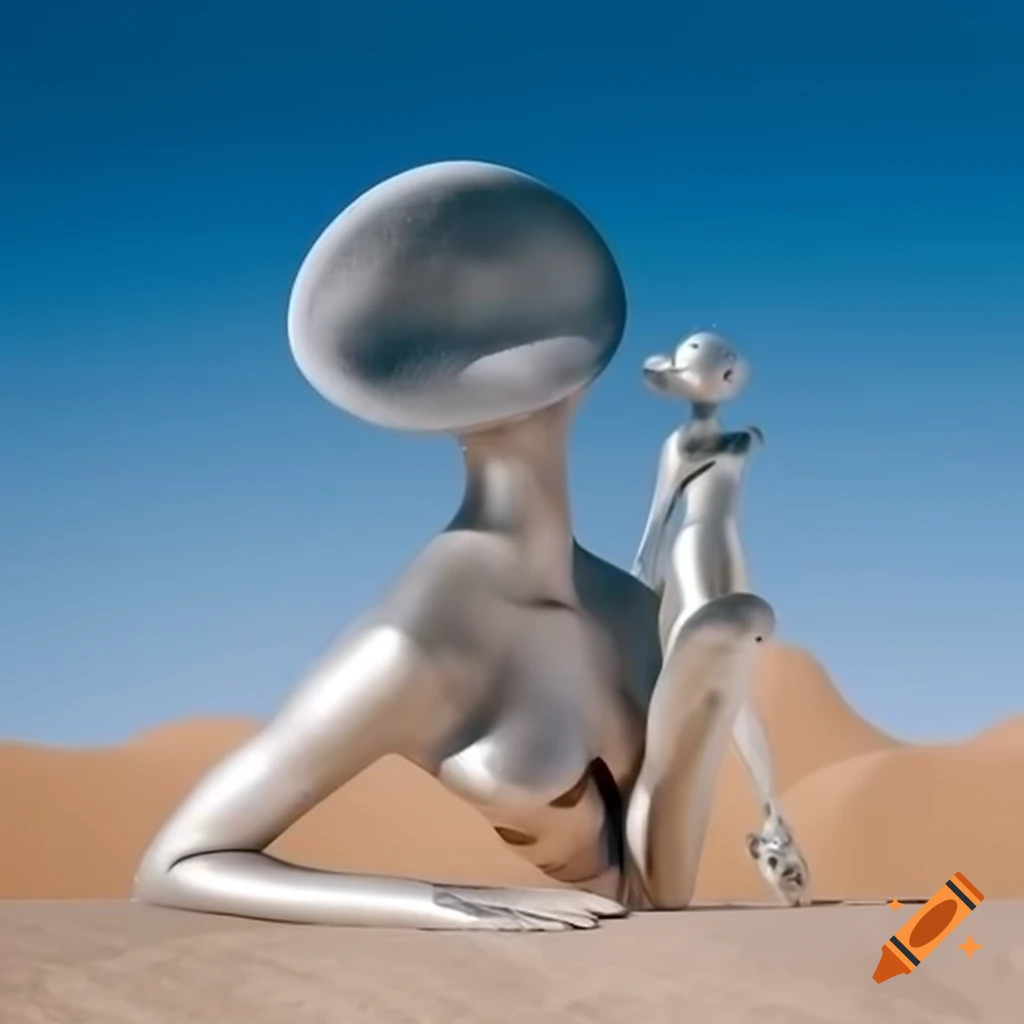 Surreal 2000's photography of silver statue of woman in stone desert