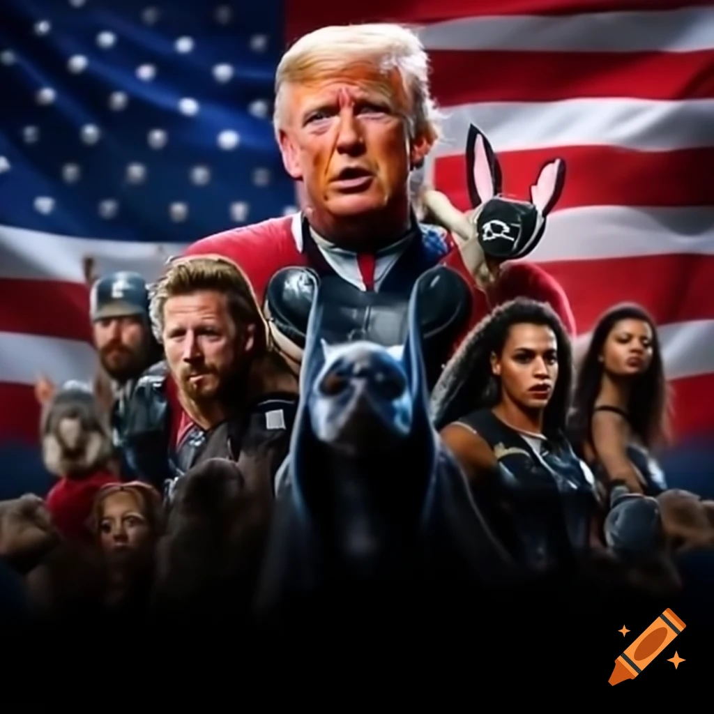 Donald Trump as Thor and Kamala Harris as Cleopatra surrounded by playful animals and American flag