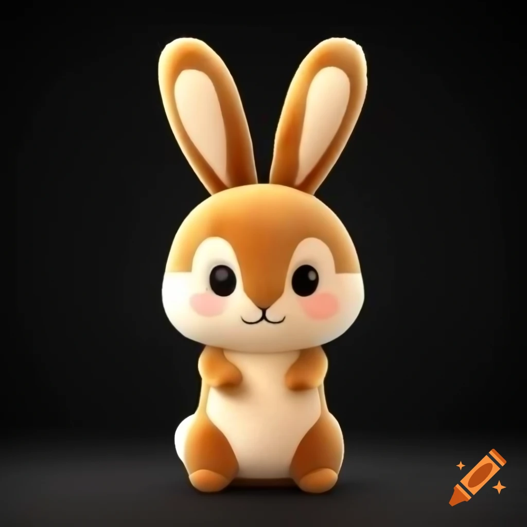 Cute 3D anime-style friendly hare plush on black background
