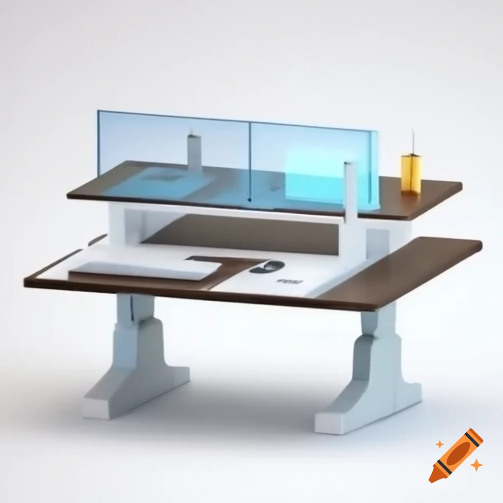 Futuristic adjustable-height desk with transparent sensor panel and stylish smart doorknob