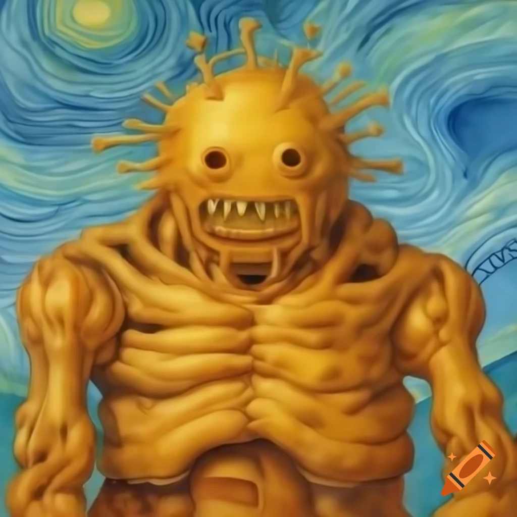 Golem character in Van Gogh and Rembrandt style, animation with watercolor elements