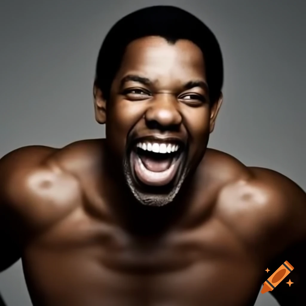 Exaggeratedly muscular figure of Denzel Washington laughing