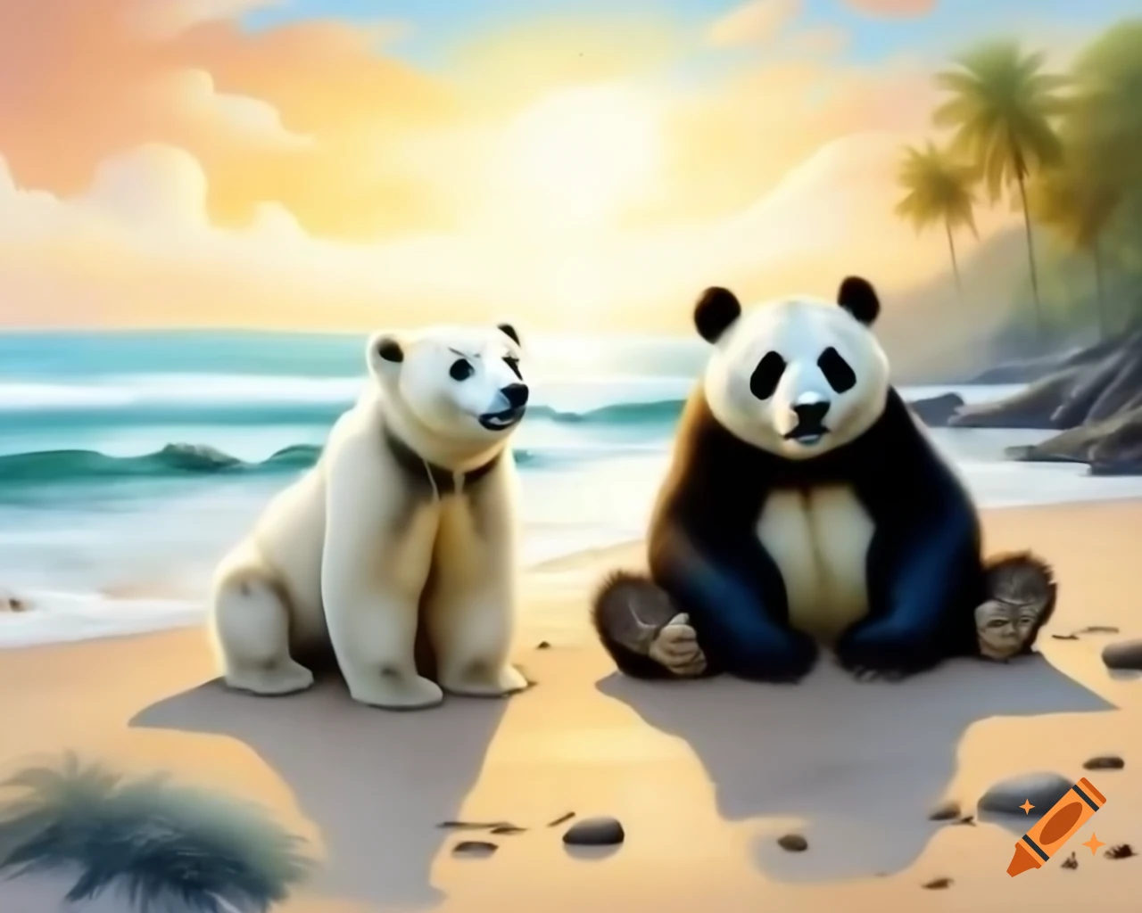 Panda and polar bear sitting on beach beside palm tree, detailed painting