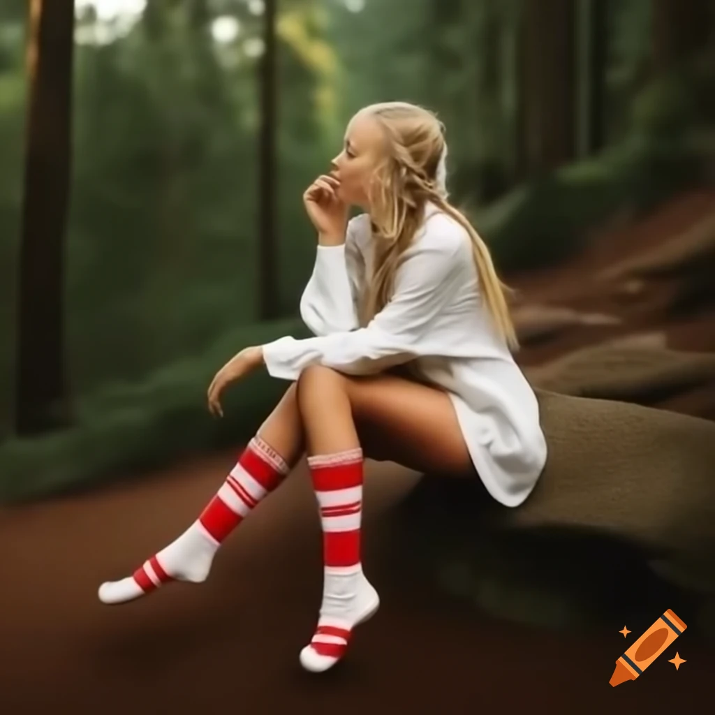 Woman with blonde braids sitting on rock in woods, wearing striped socks