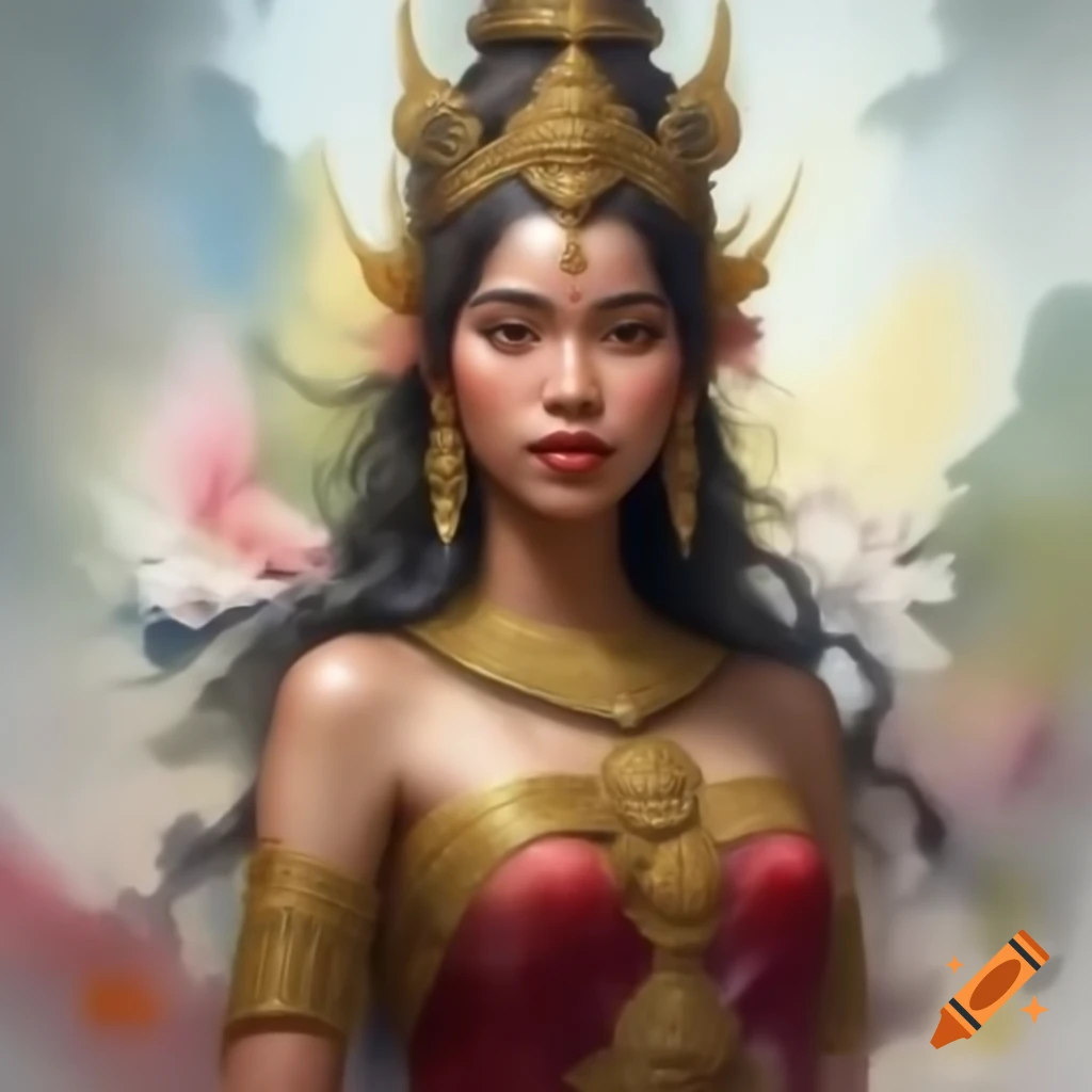 Young Cambodian woman dressed as ancient divine goddess in watercolor animation style
