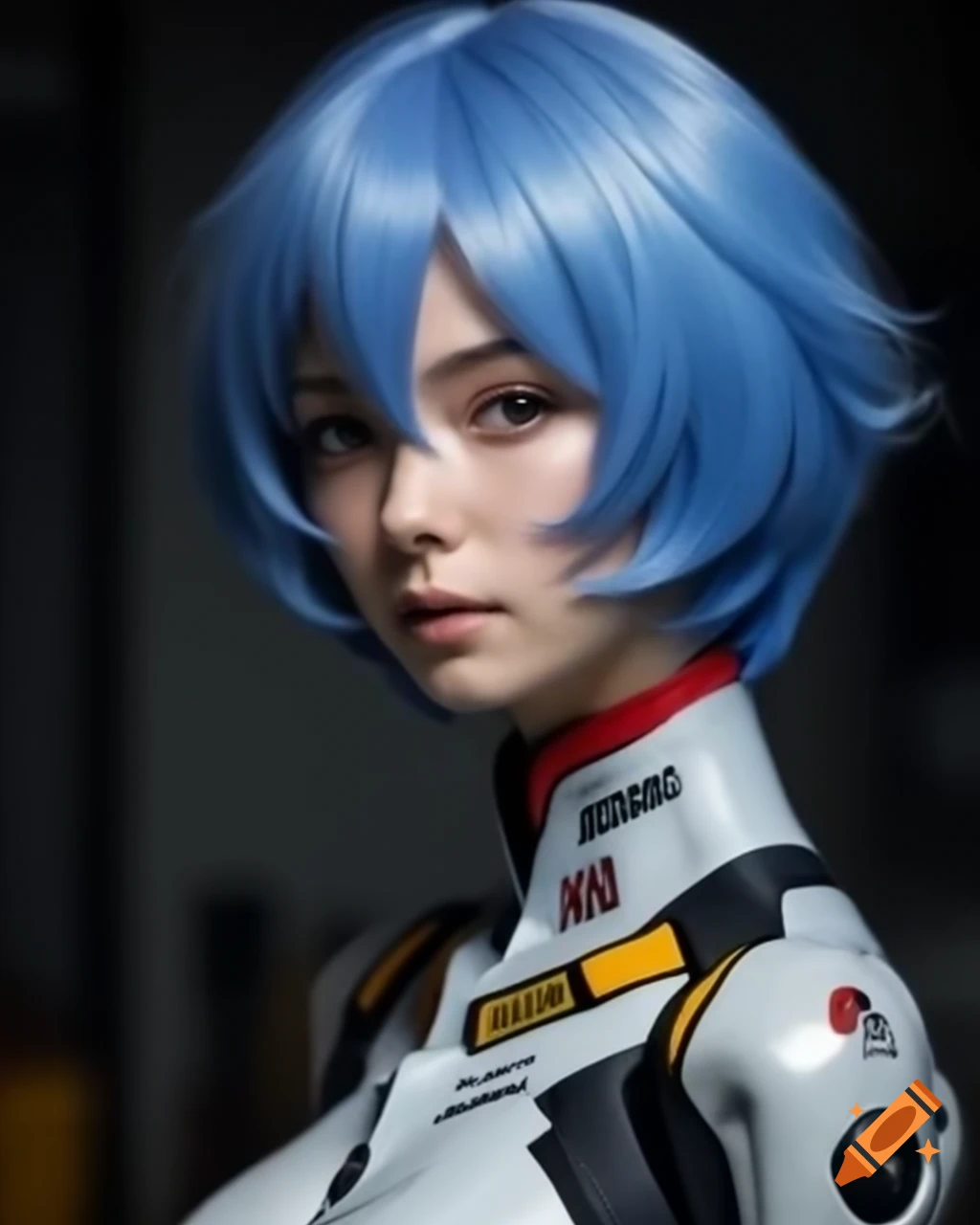 Hyper-realistic cosplay of Rei Ayanami from Evangelion with blue hair and detailed facial features